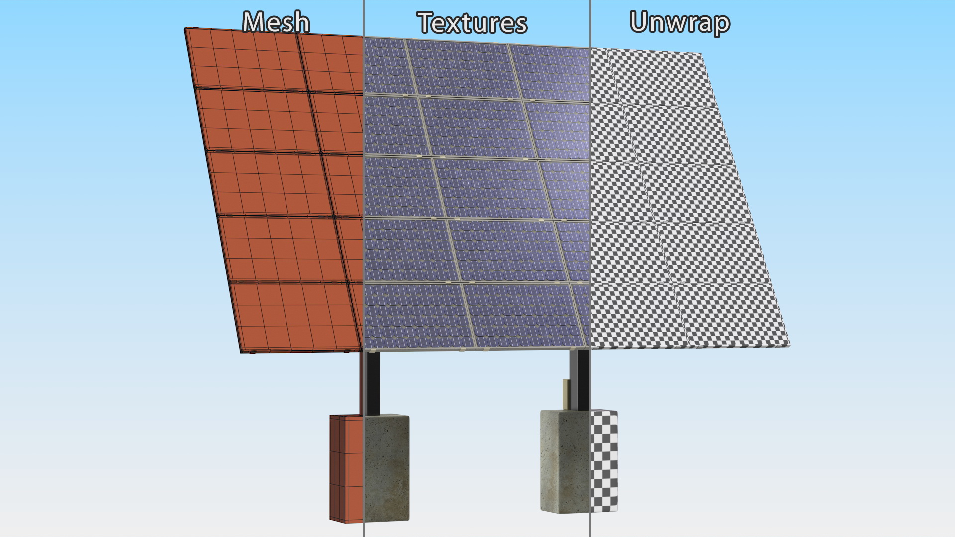 3D Solar Panel Array on Concrete Supports model