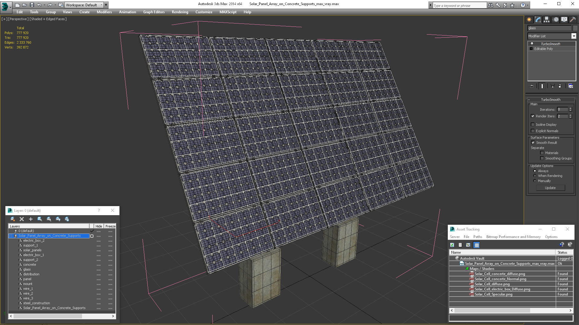 3D Solar Panel Array on Concrete Supports model