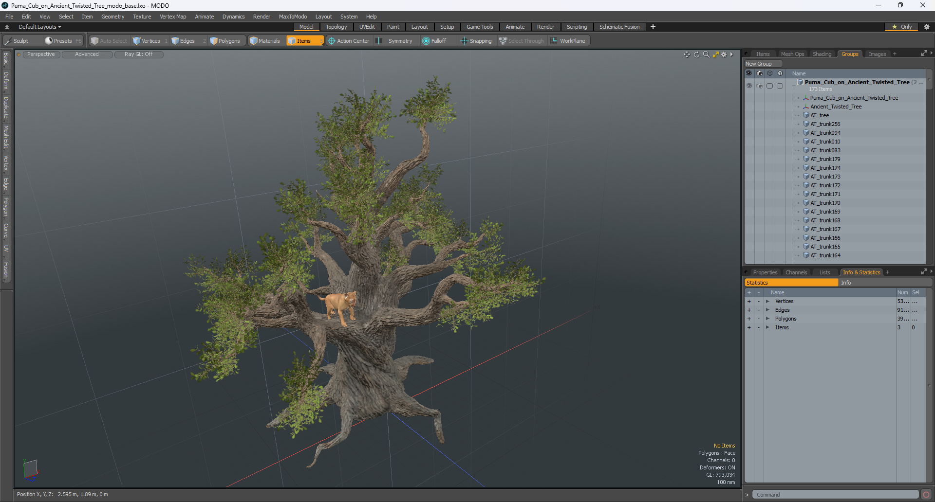 Puma Cub on Ancient Twisted Tree 3D