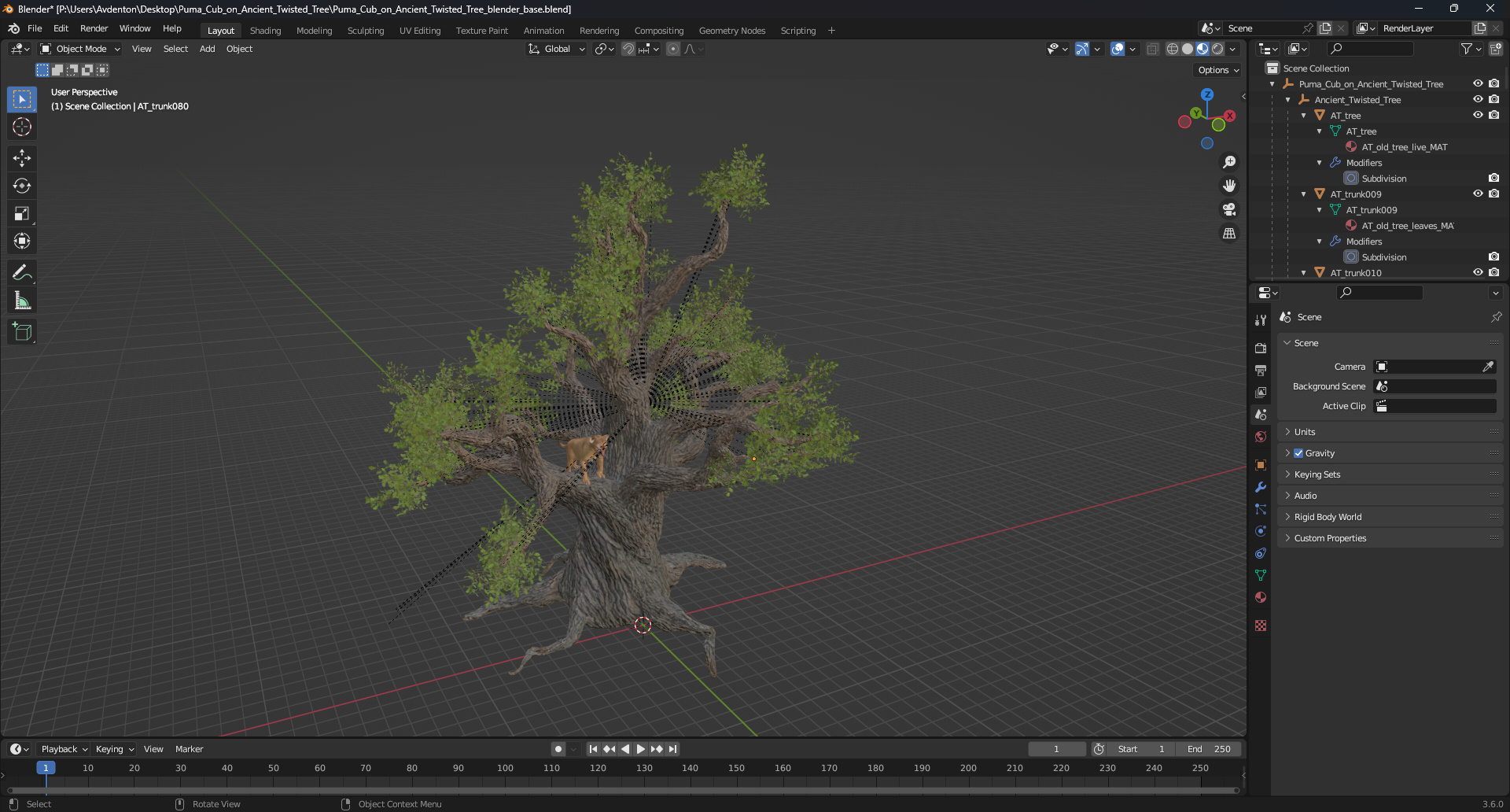 Puma Cub on Ancient Twisted Tree 3D