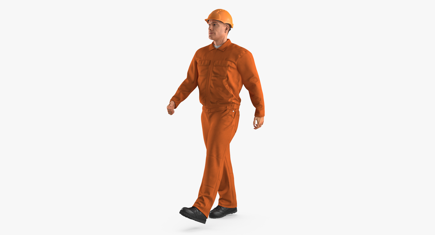 Worker Orange Uniform with Hardhat Walking Pose 3D