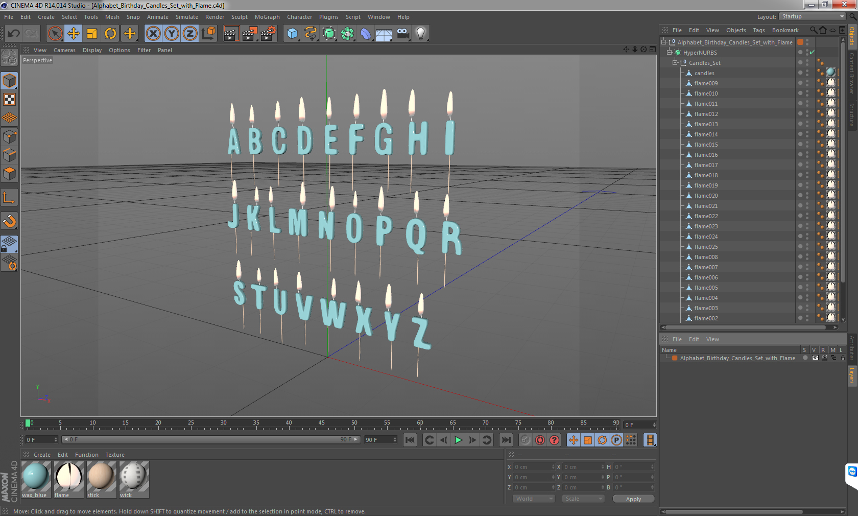 3D model Alphabet Birthday Candles Set with Flame