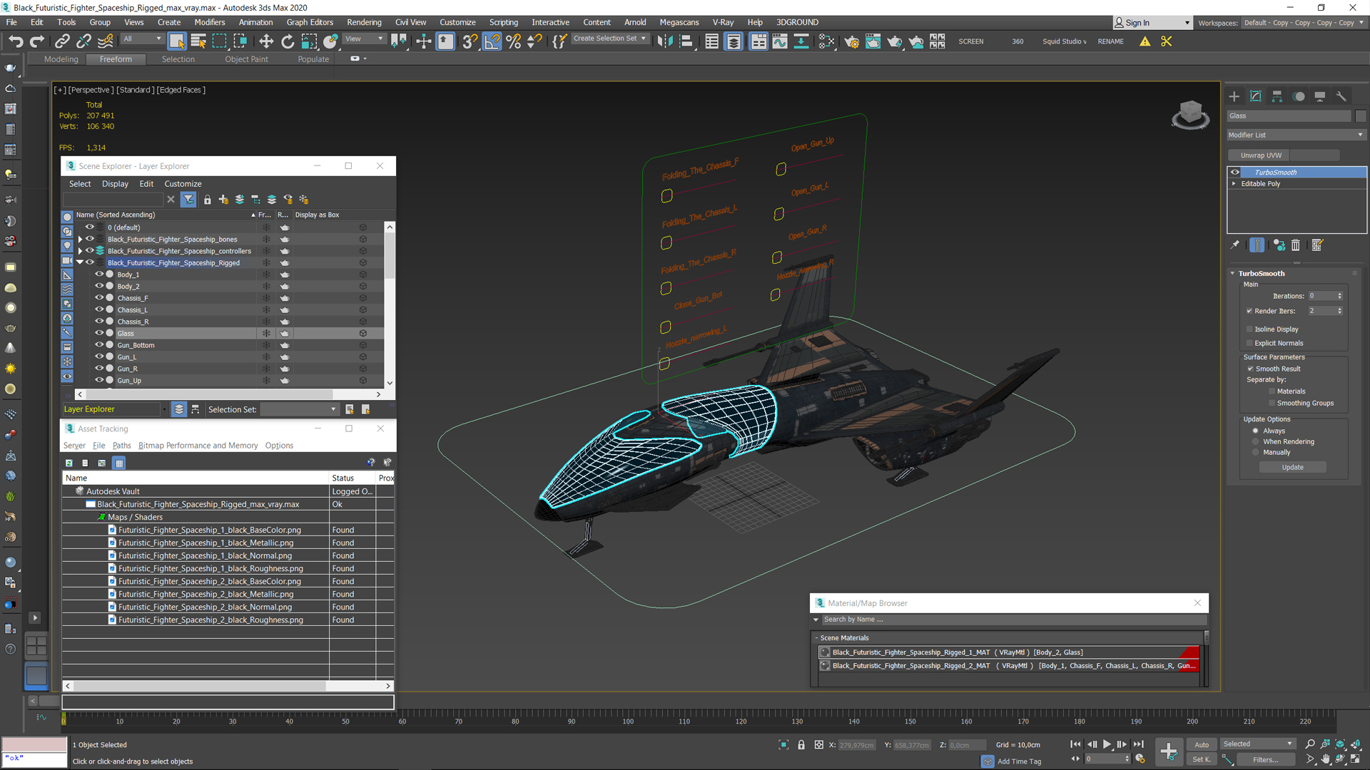 3D Black Futuristic Fighter Spaceship Rigged