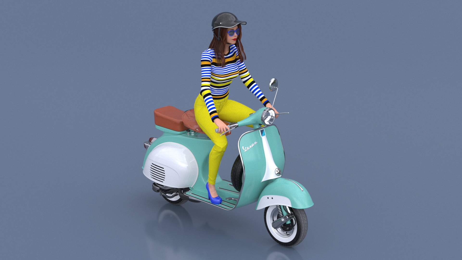 3D model Female Character on Scooter with Cap Safety Helmet