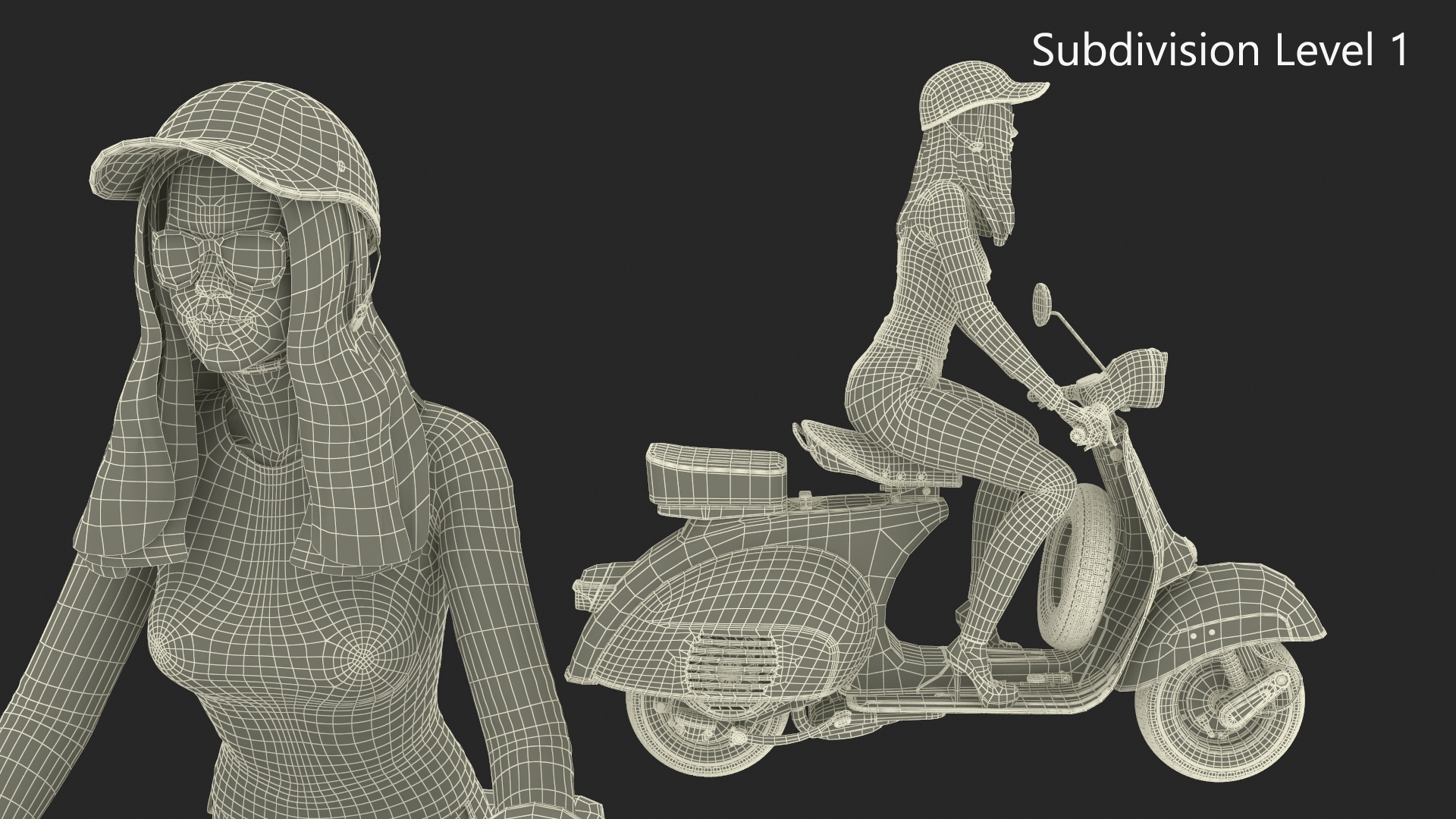 3D model Female Character on Scooter with Cap Safety Helmet