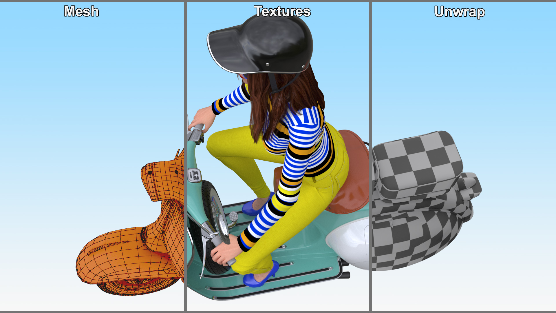 3D model Female Character on Scooter with Cap Safety Helmet