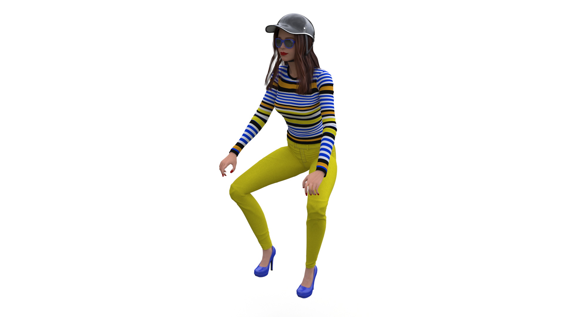 3D model Female Character on Scooter with Cap Safety Helmet