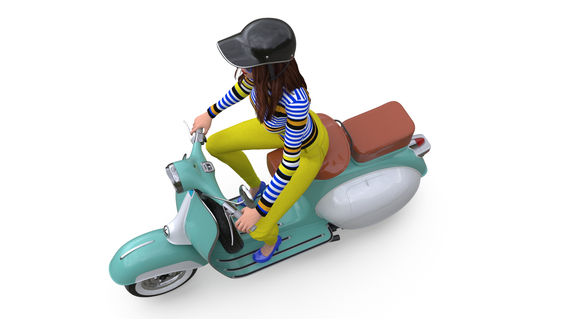 3D model Female Character on Scooter with Cap Safety Helmet