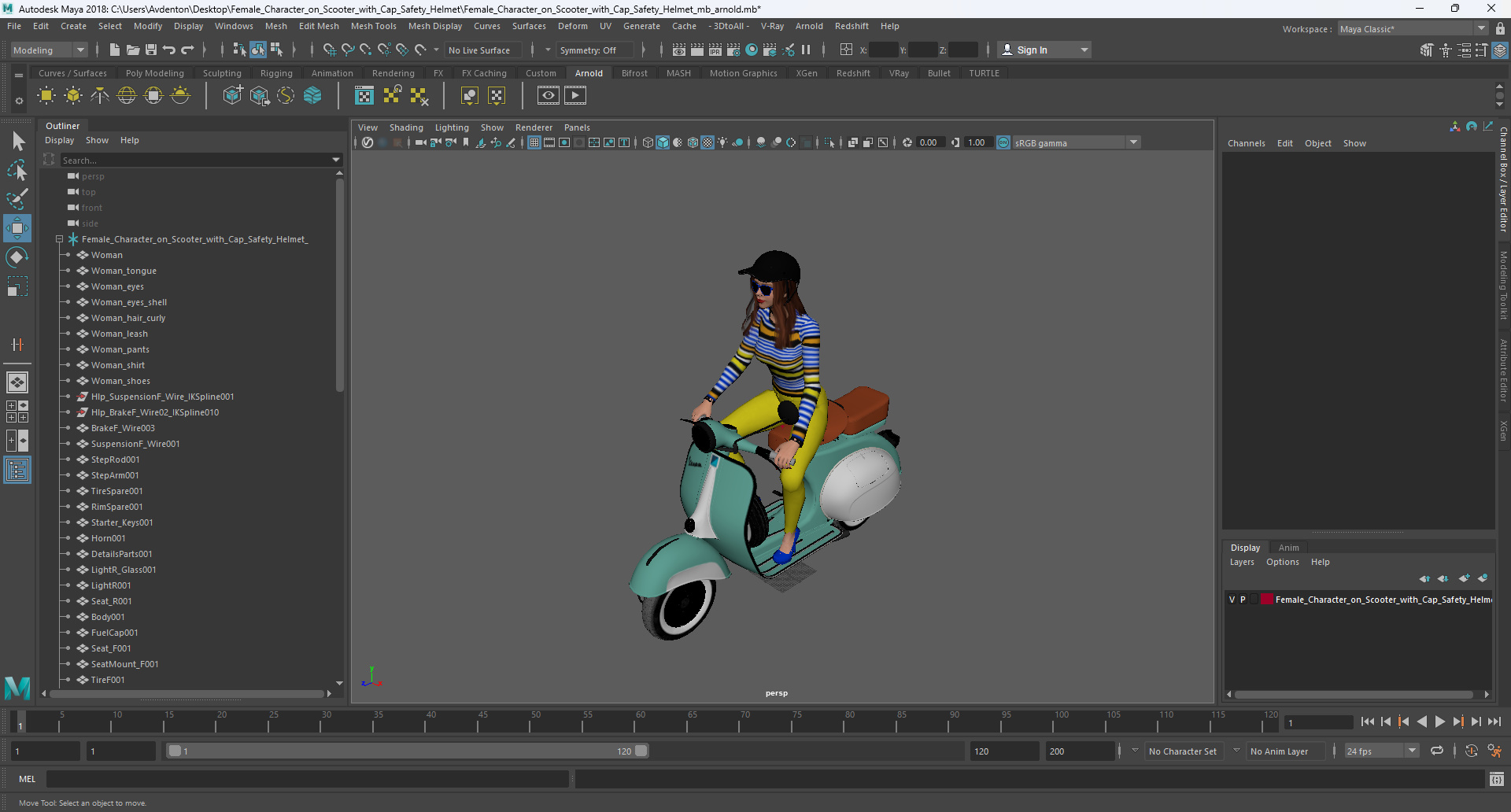 3D model Female Character on Scooter with Cap Safety Helmet