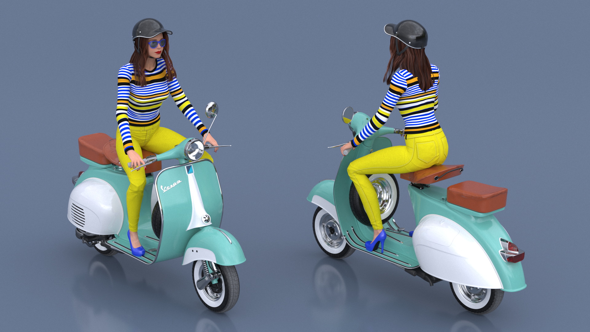 3D model Female Character on Scooter with Cap Safety Helmet