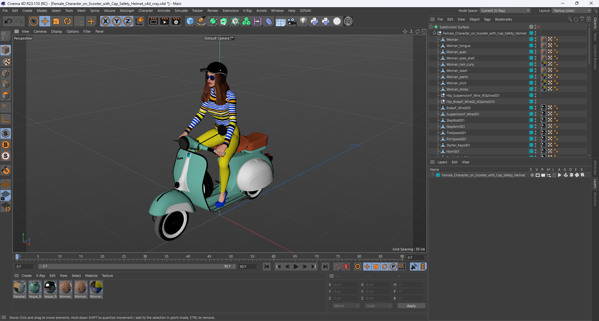 3D model Female Character on Scooter with Cap Safety Helmet