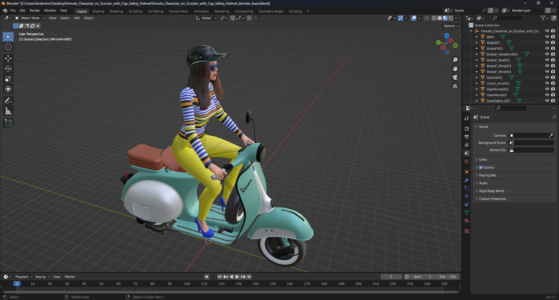 3D model Female Character on Scooter with Cap Safety Helmet