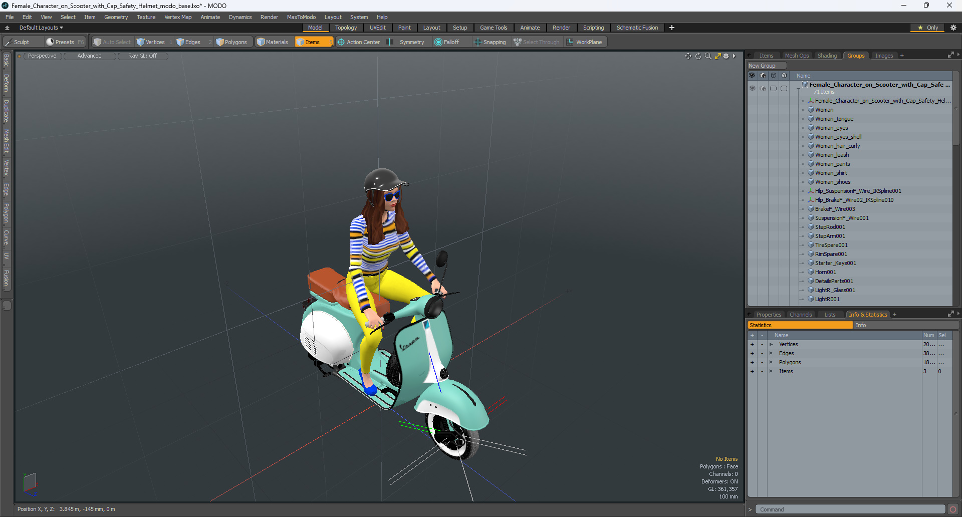 3D model Female Character on Scooter with Cap Safety Helmet