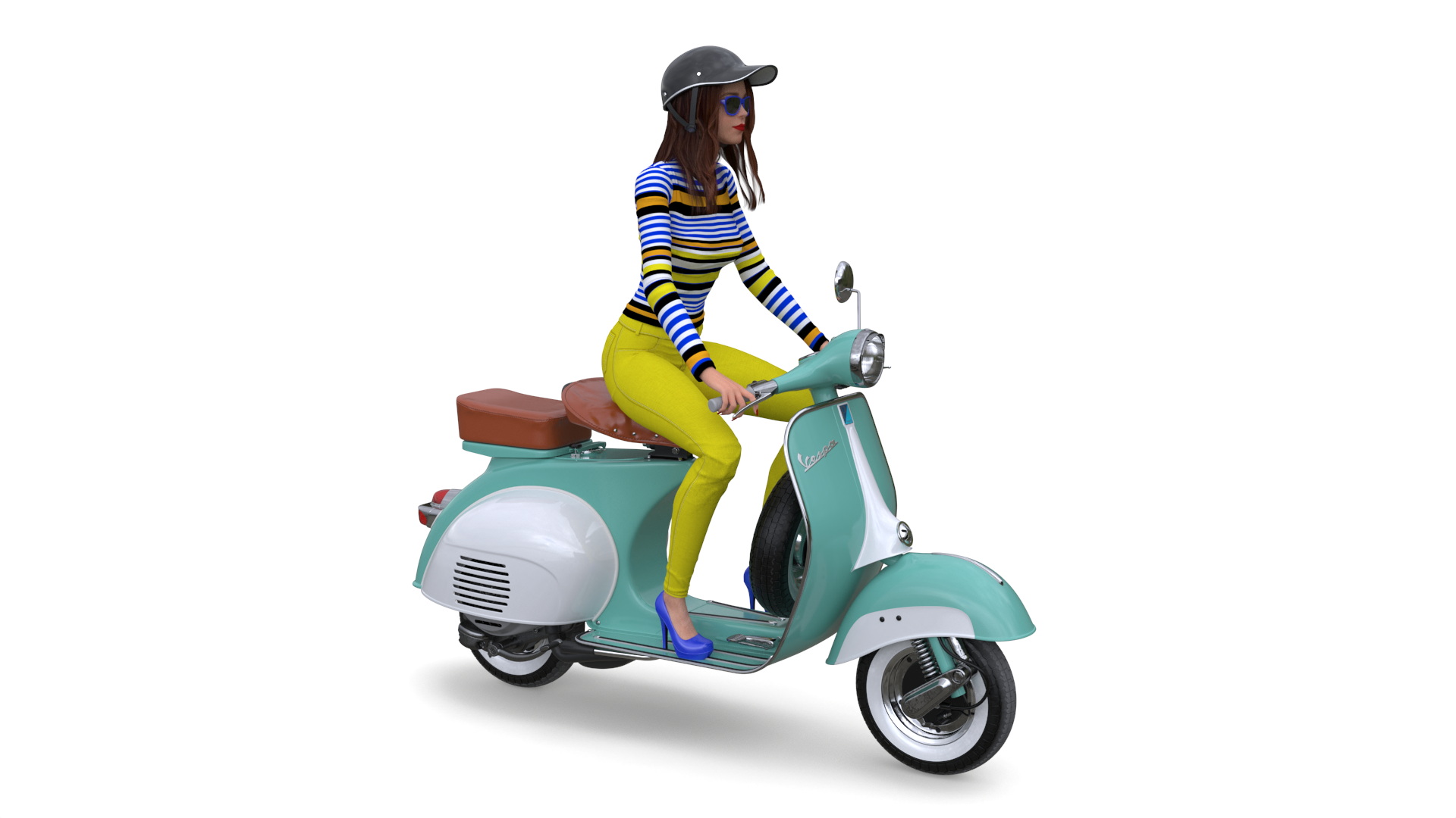 3D model Female Character on Scooter with Cap Safety Helmet