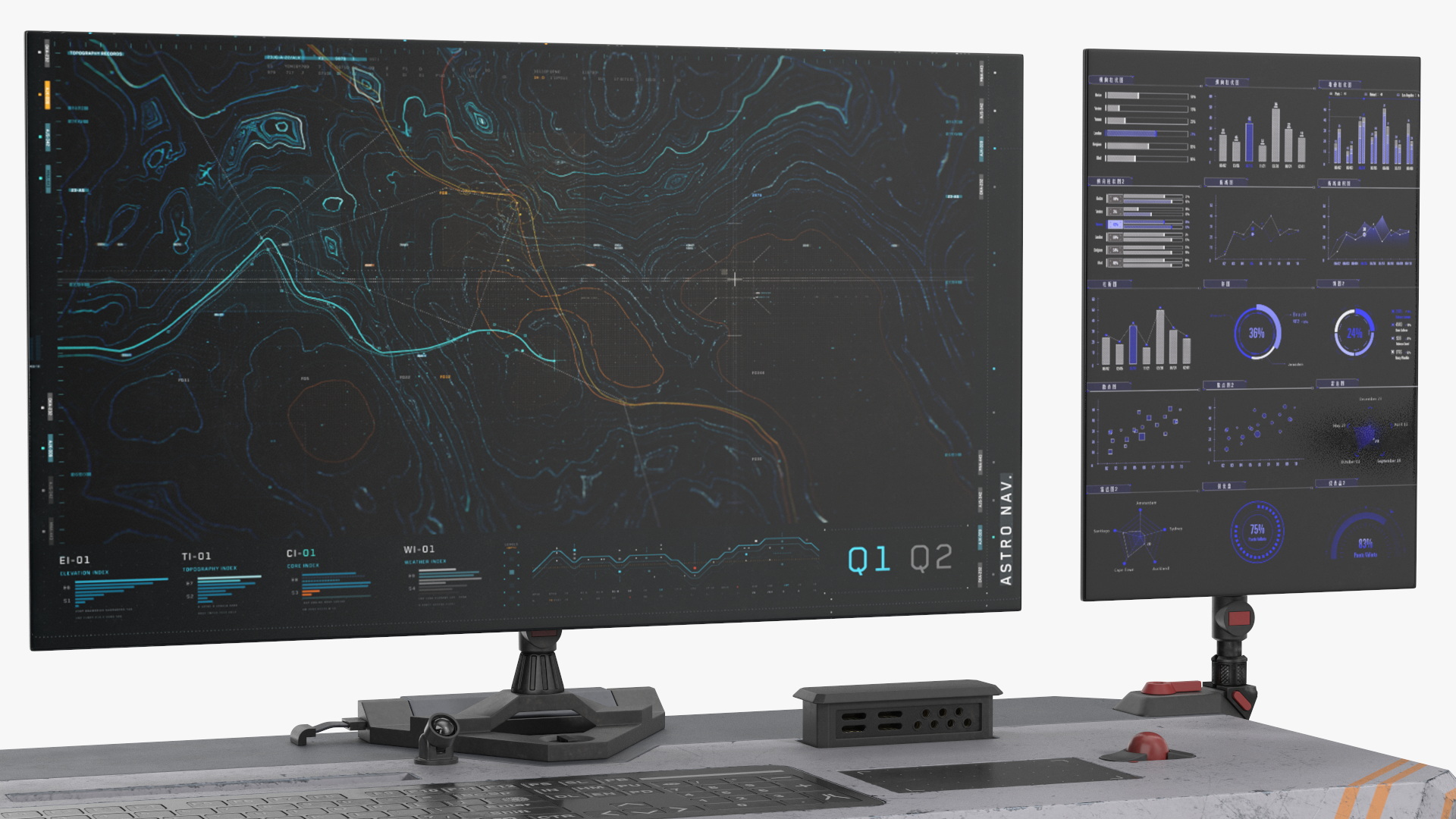 An Astronaut Input Data into Sci-fi Computer 3D model