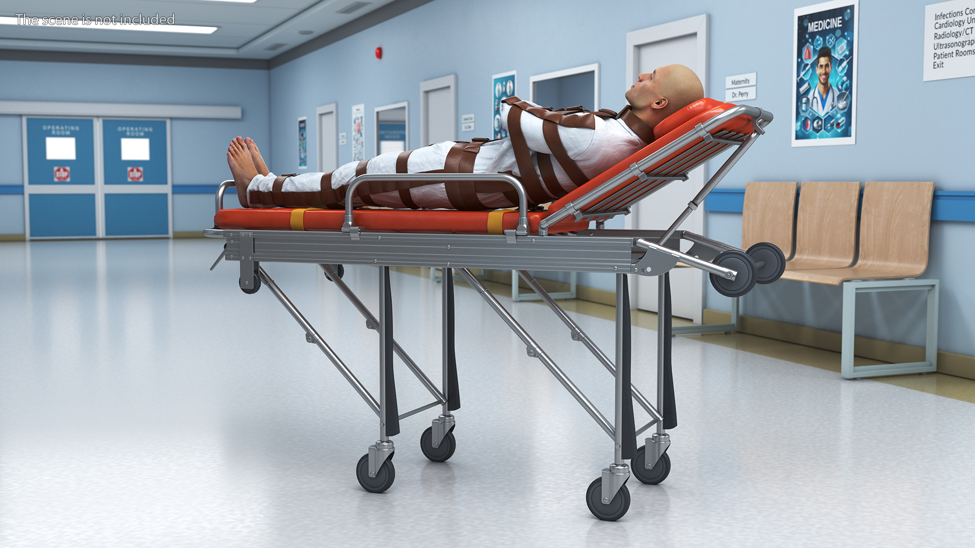 3D model Patient in Straitjacket on Hospital Stretcher