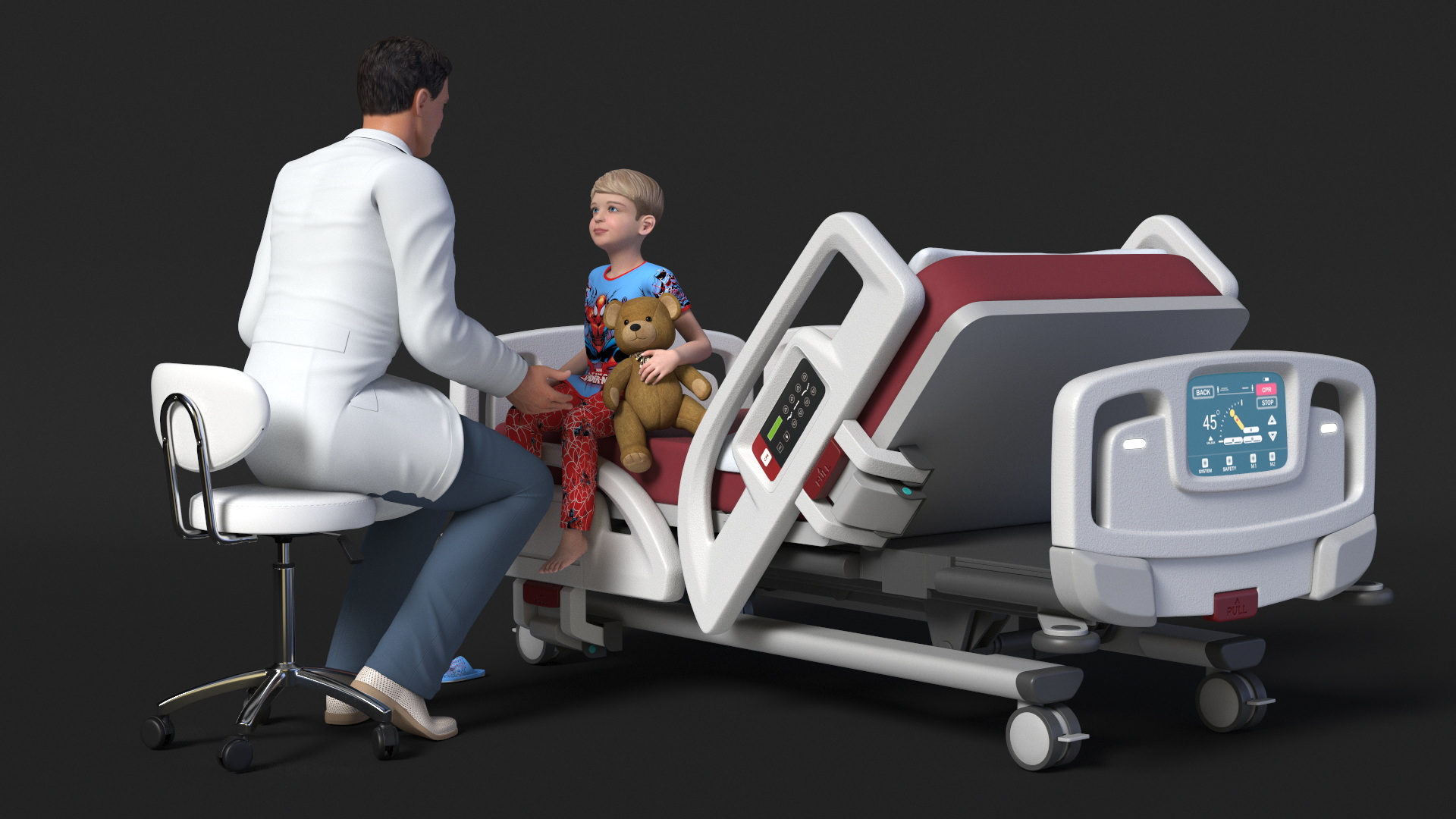 3D Boy on Hospital Bed with Doctor