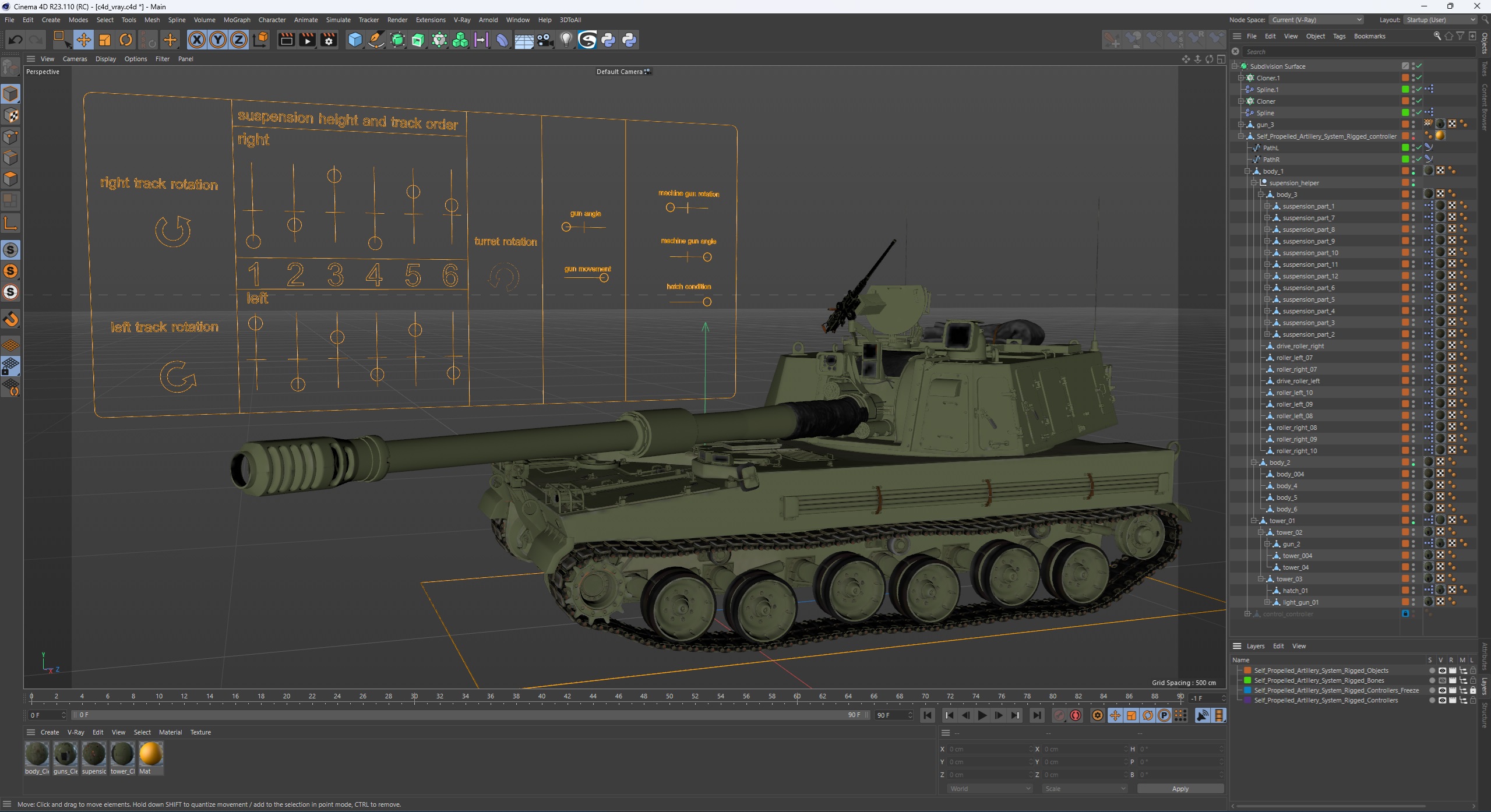 Self Propelled Artillery System Rigged for Cinema 4D 3D