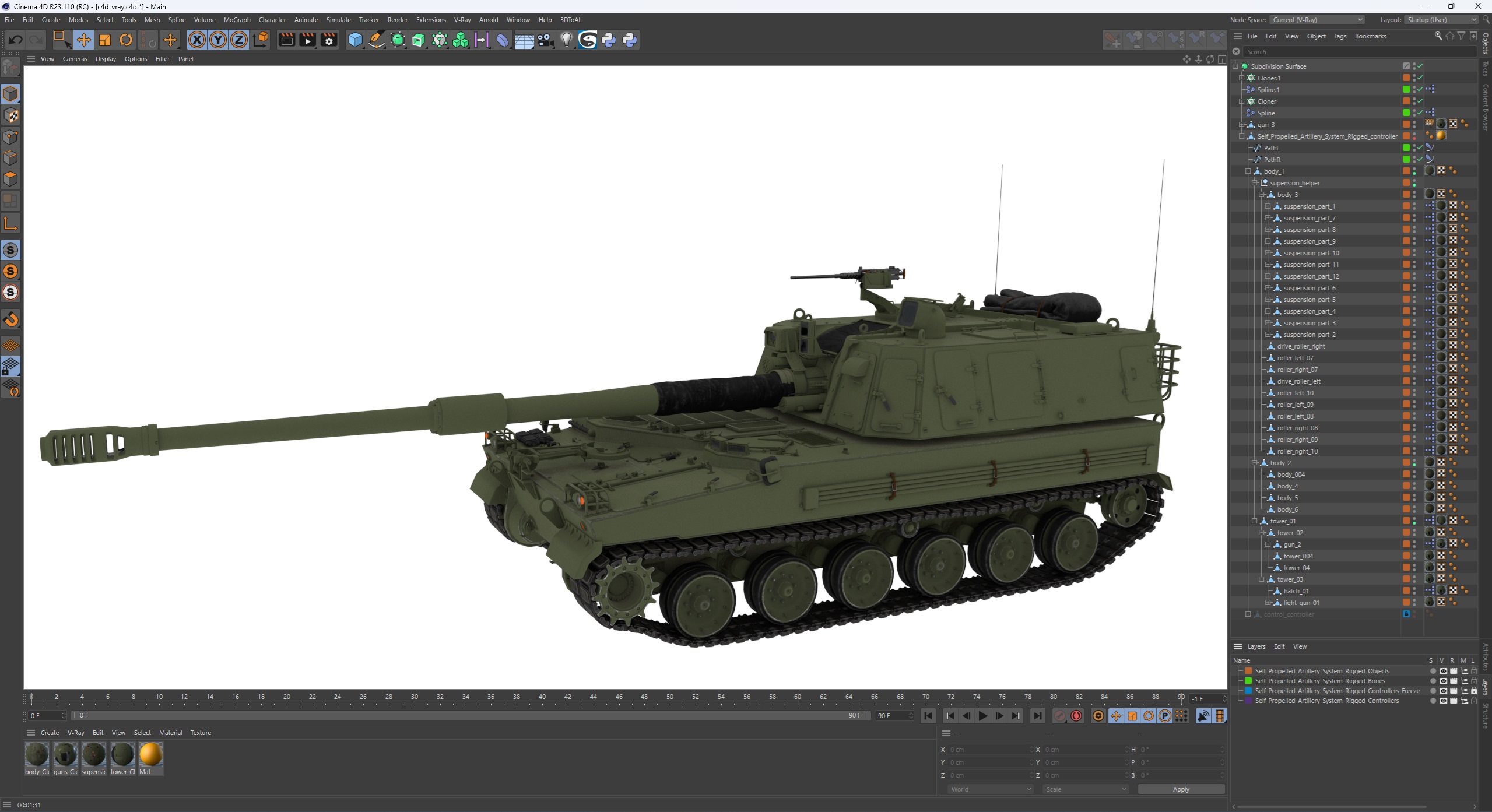 Self Propelled Artillery System Rigged for Cinema 4D 3D