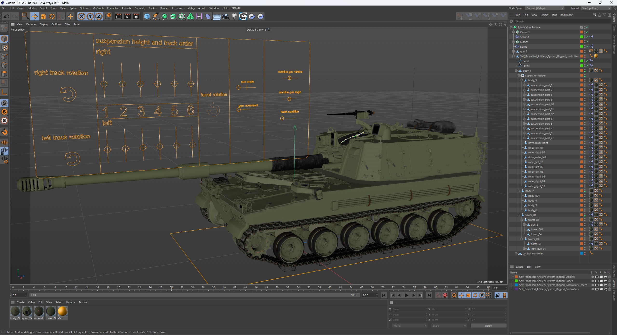 Self Propelled Artillery System Rigged for Cinema 4D 3D