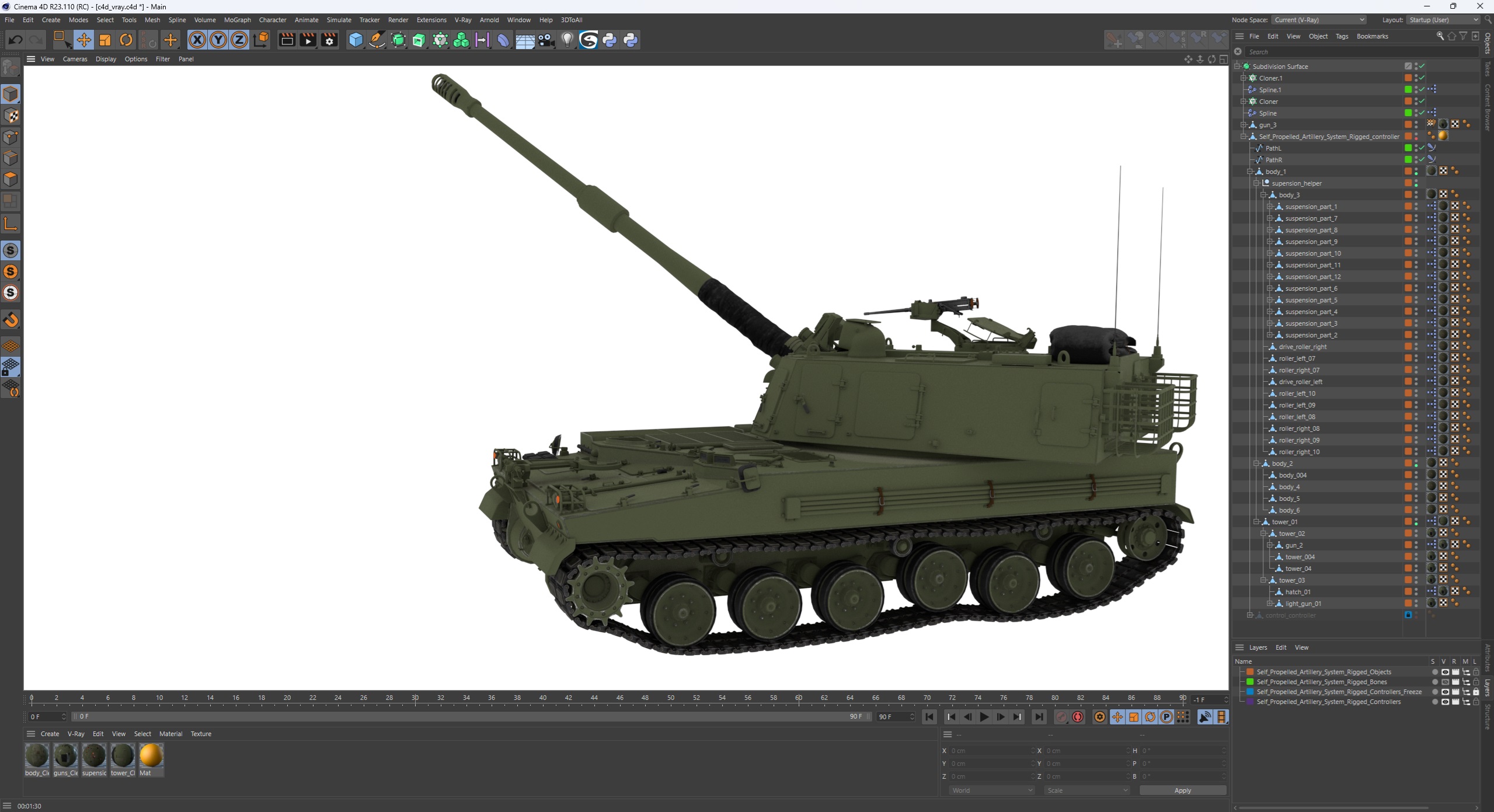 Self Propelled Artillery System Rigged for Cinema 4D 3D