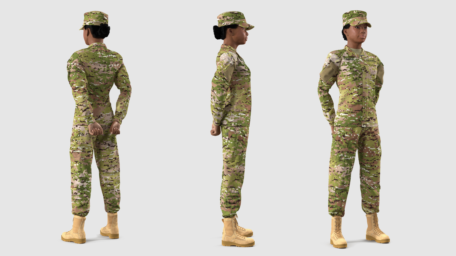 3D model Black Female Soldier Military Camo Fur Rigged