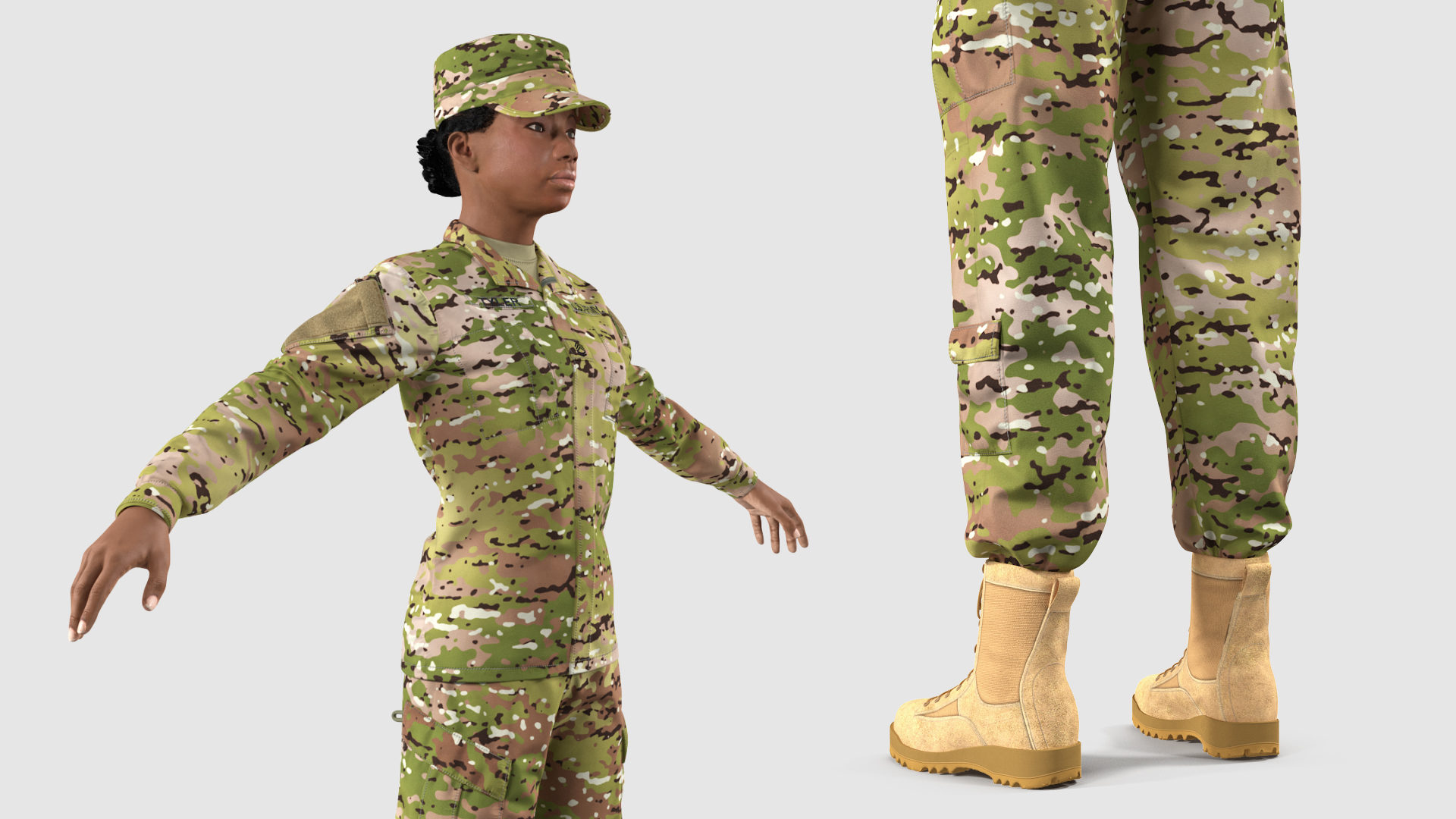 3D model Black Female Soldier Military Camo Fur Rigged