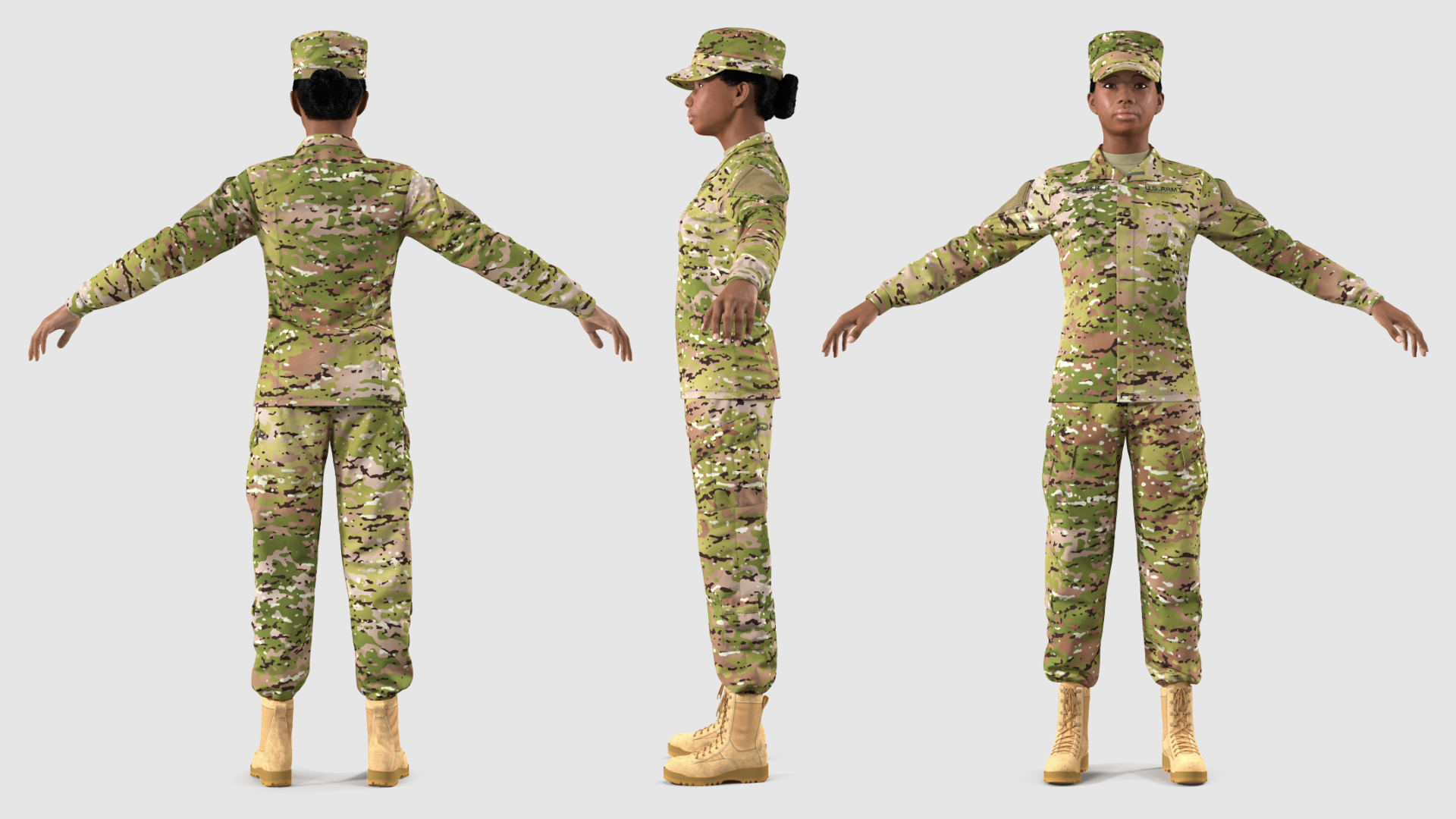 3D model Black Female Soldier Military Camo Fur Rigged