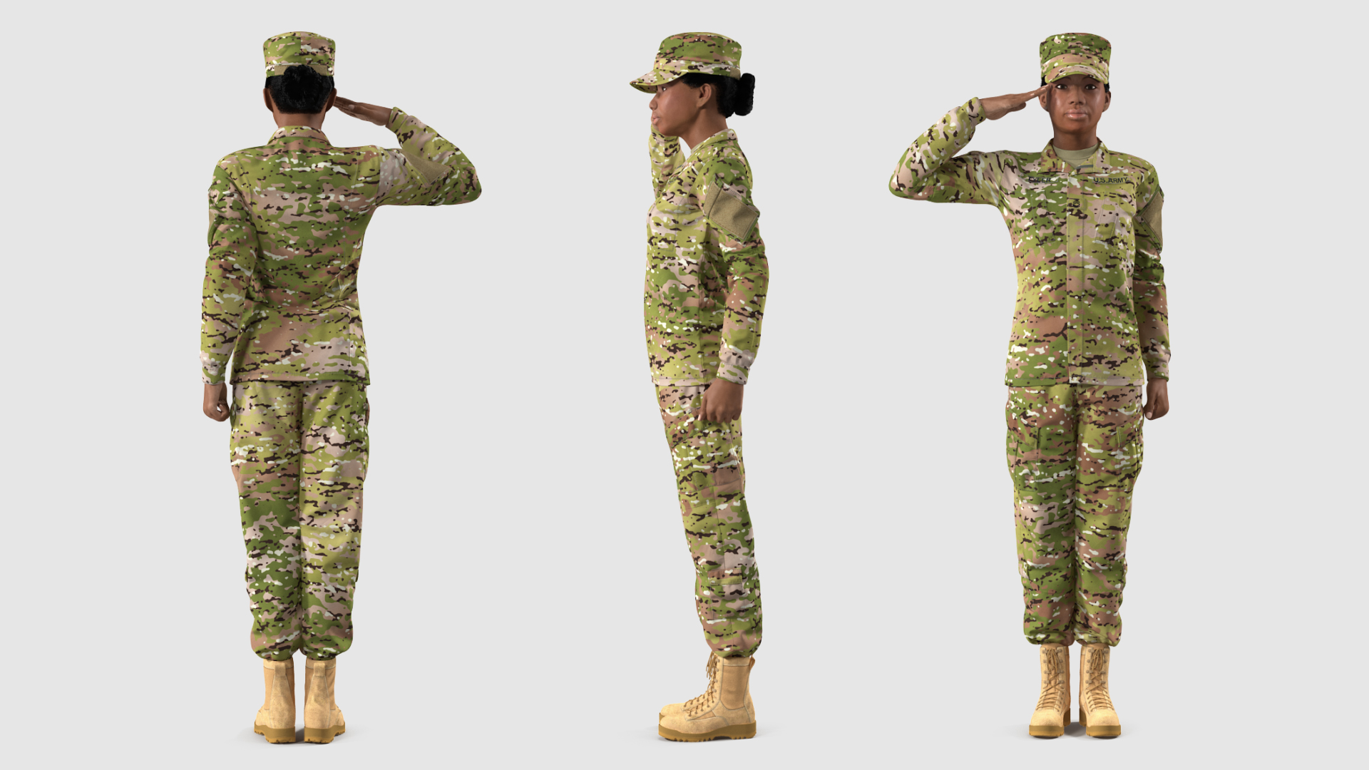 3D model Black Female Soldier Military Camo Fur Rigged