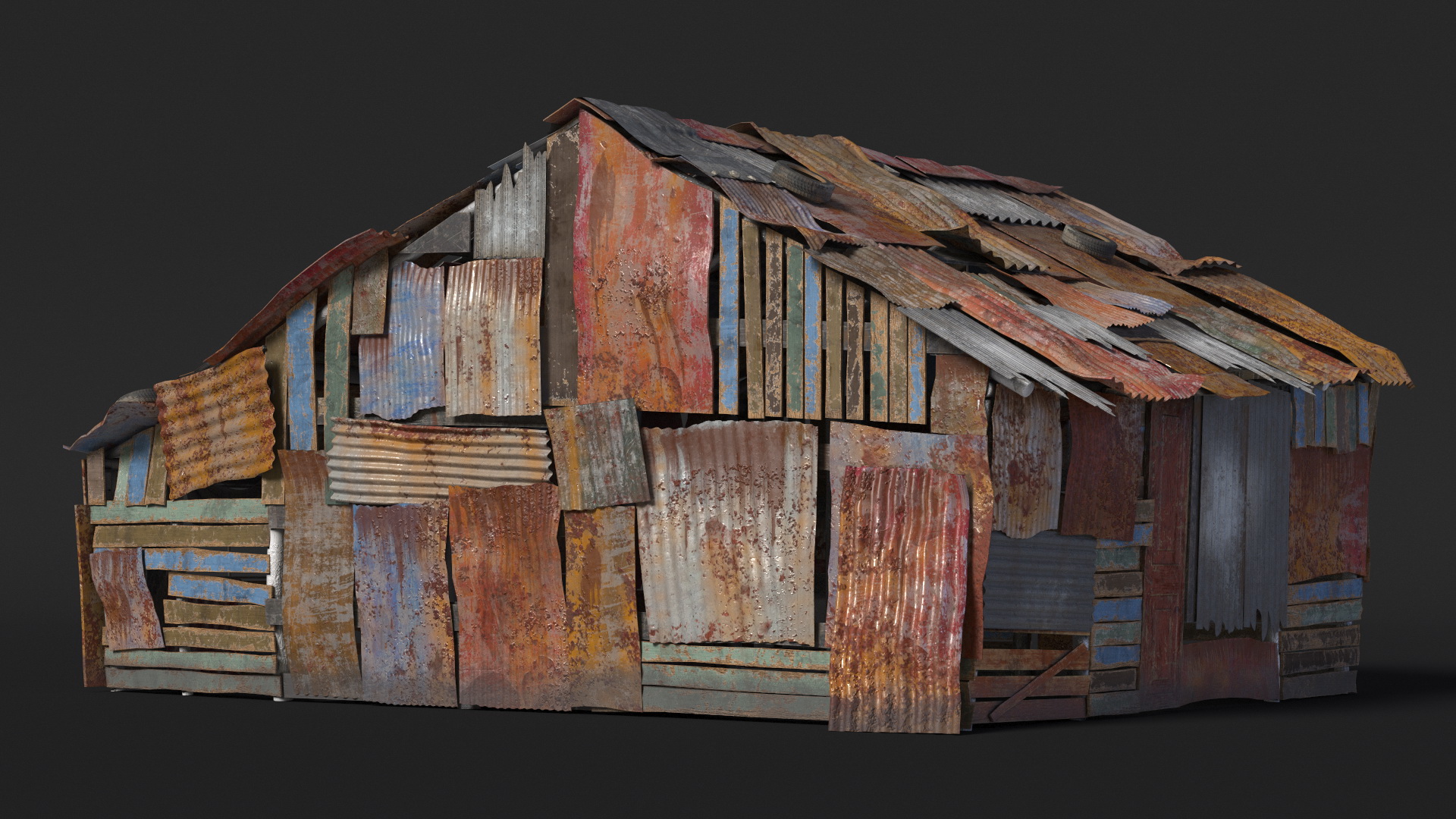 Dual Roof Slum Shack and Homeless Man 3D