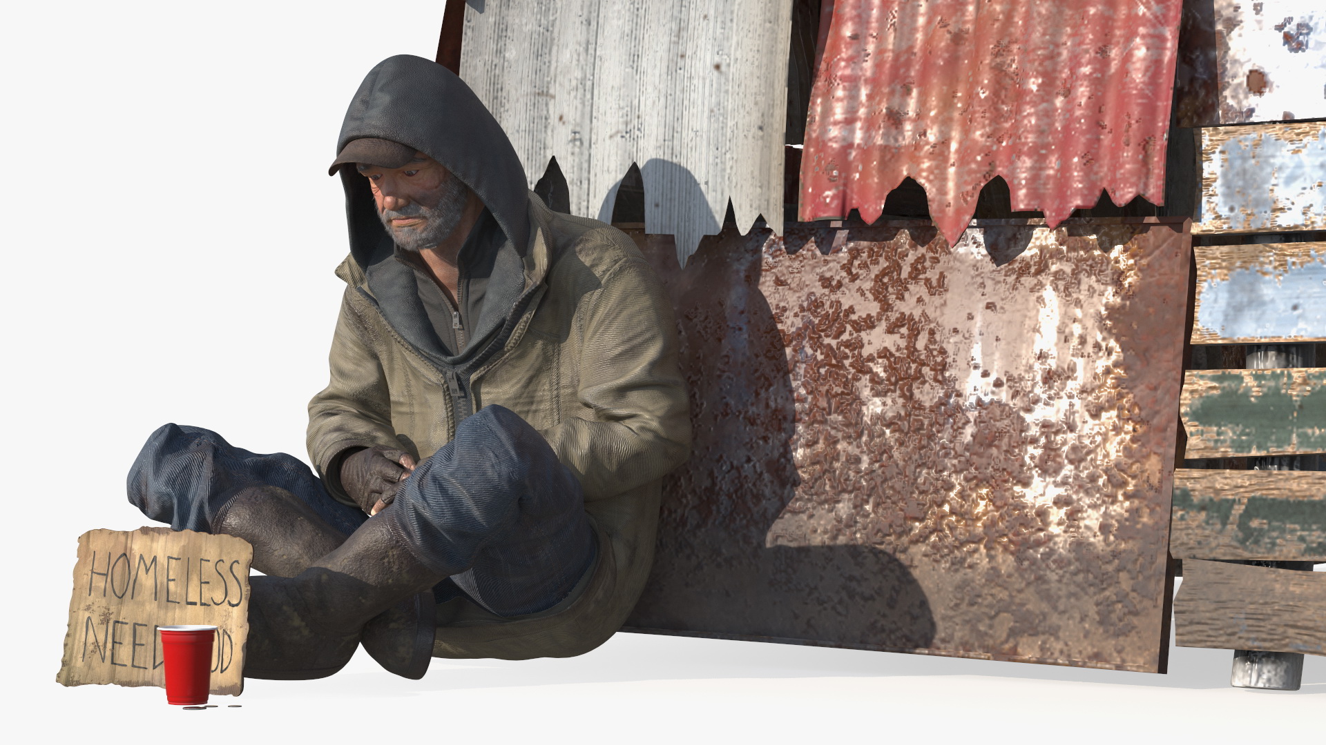 Dual Roof Slum Shack and Homeless Man 3D