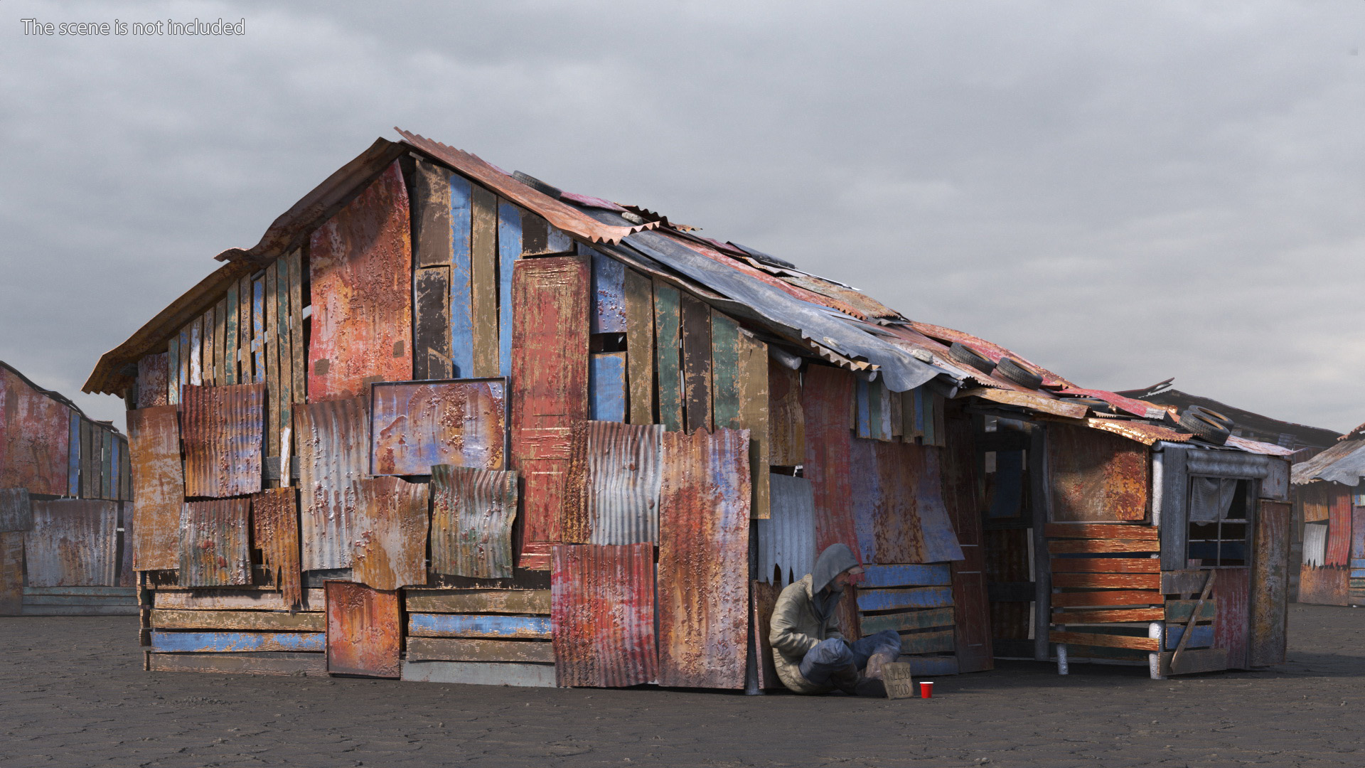 Dual Roof Slum Shack and Homeless Man 3D