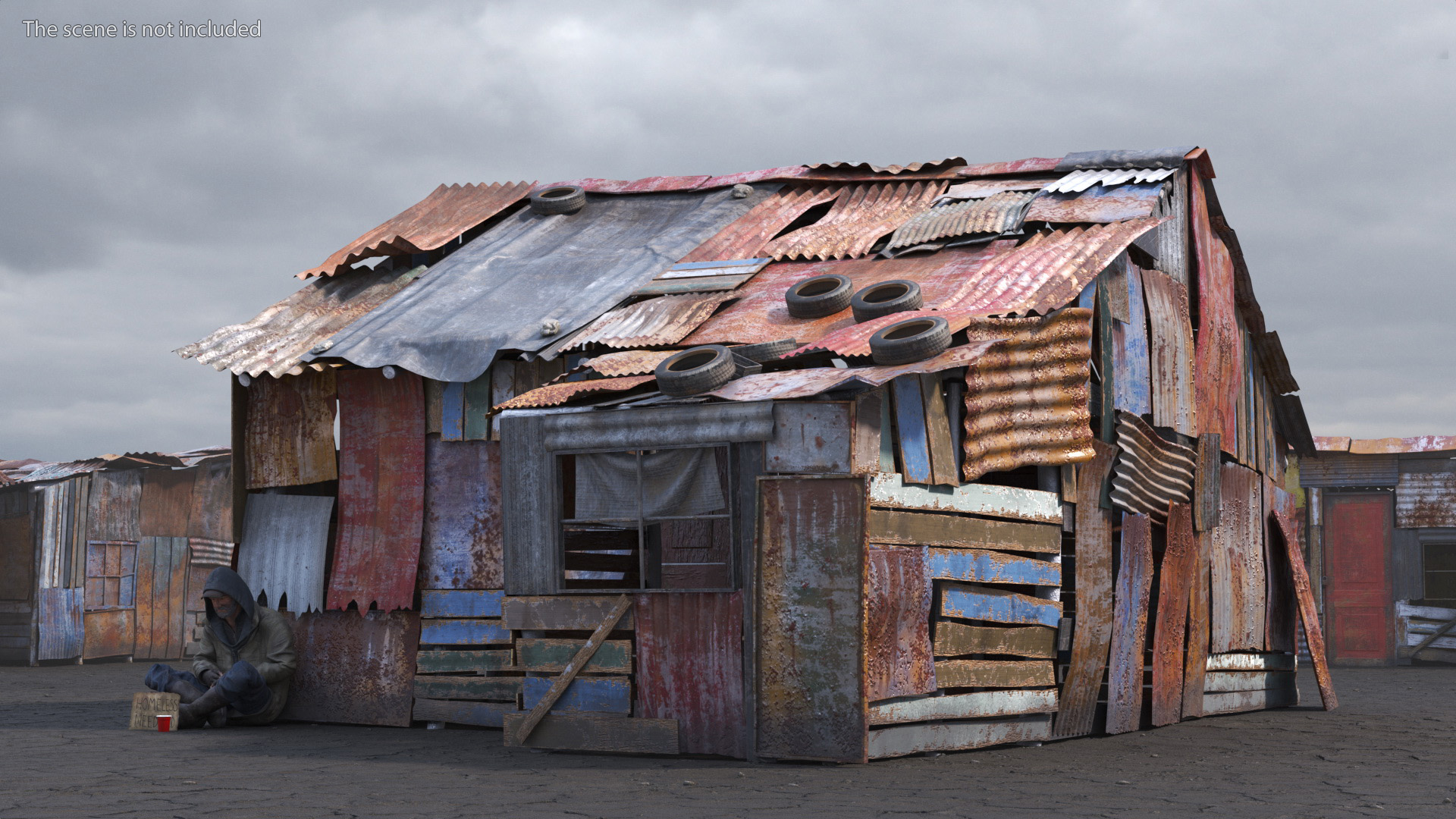 Dual Roof Slum Shack and Homeless Man 3D