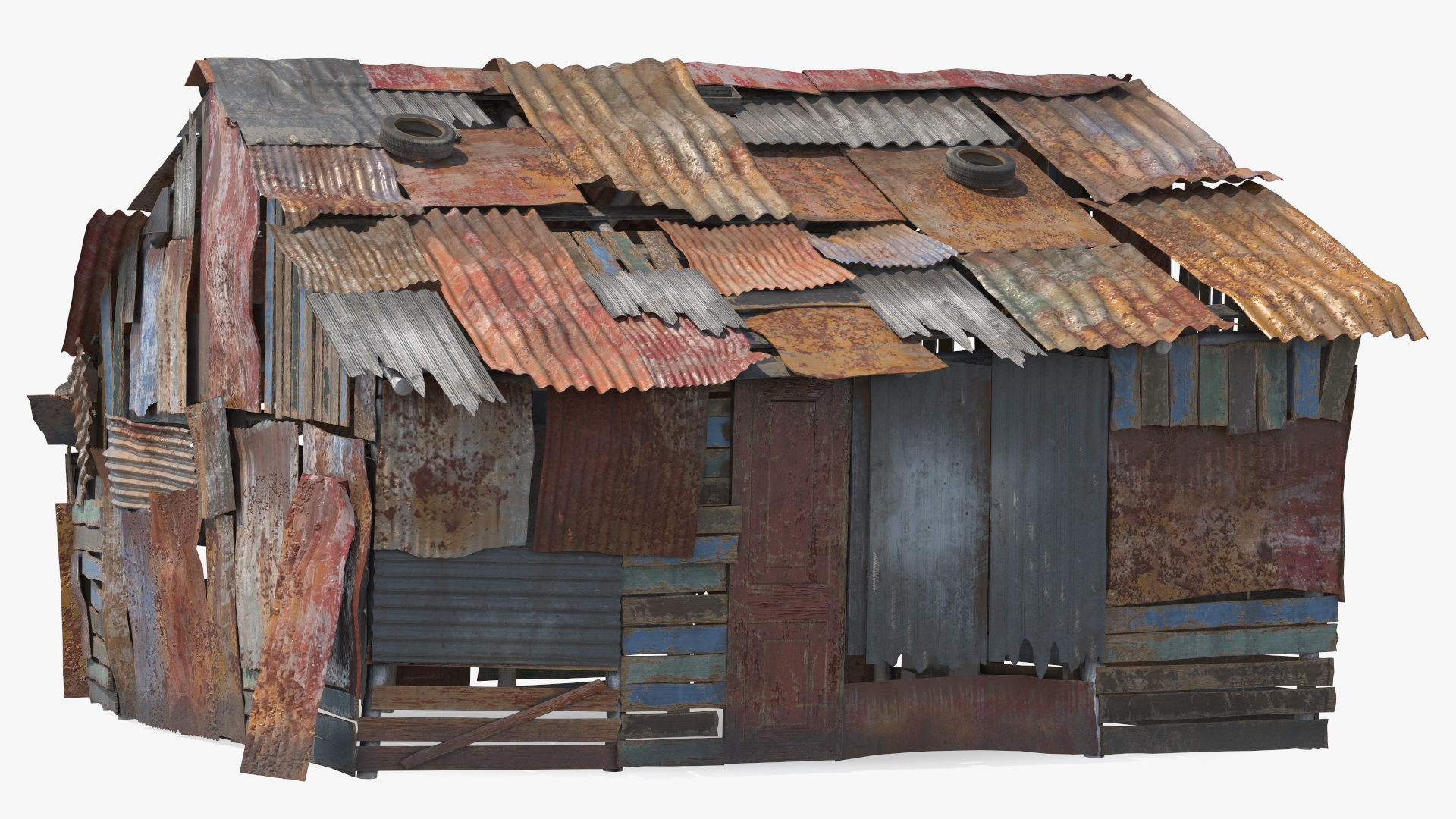 Dual Roof Slum Shack and Homeless Man 3D