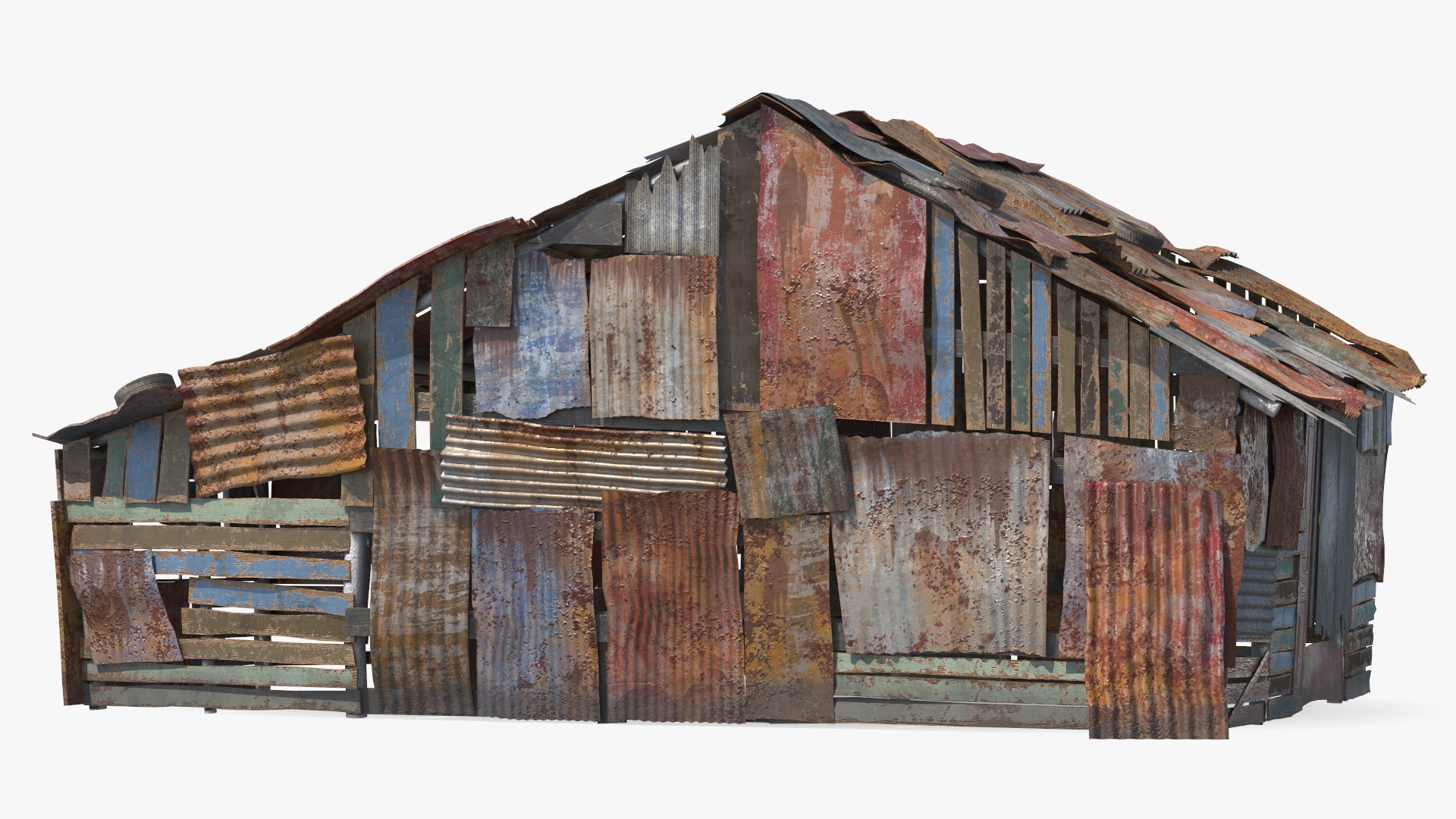 Dual Roof Slum Shack and Homeless Man 3D