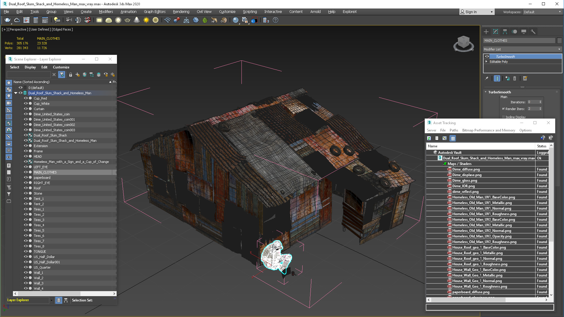 Dual Roof Slum Shack and Homeless Man 3D