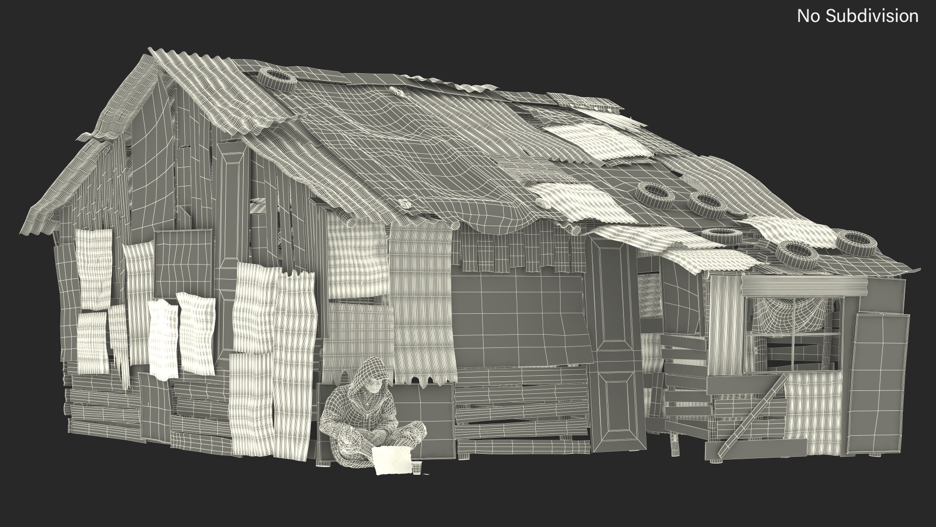 Dual Roof Slum Shack and Homeless Man 3D