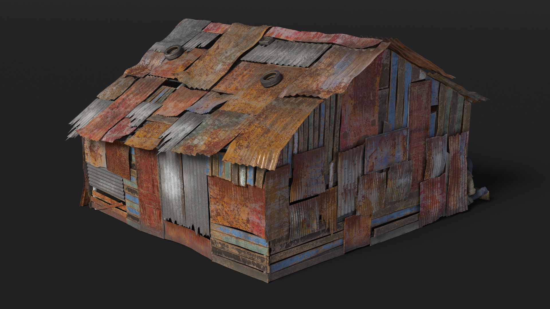 Dual Roof Slum Shack and Homeless Man 3D