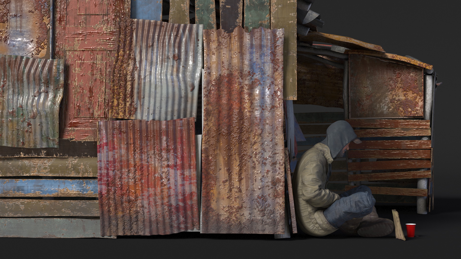 Dual Roof Slum Shack and Homeless Man 3D