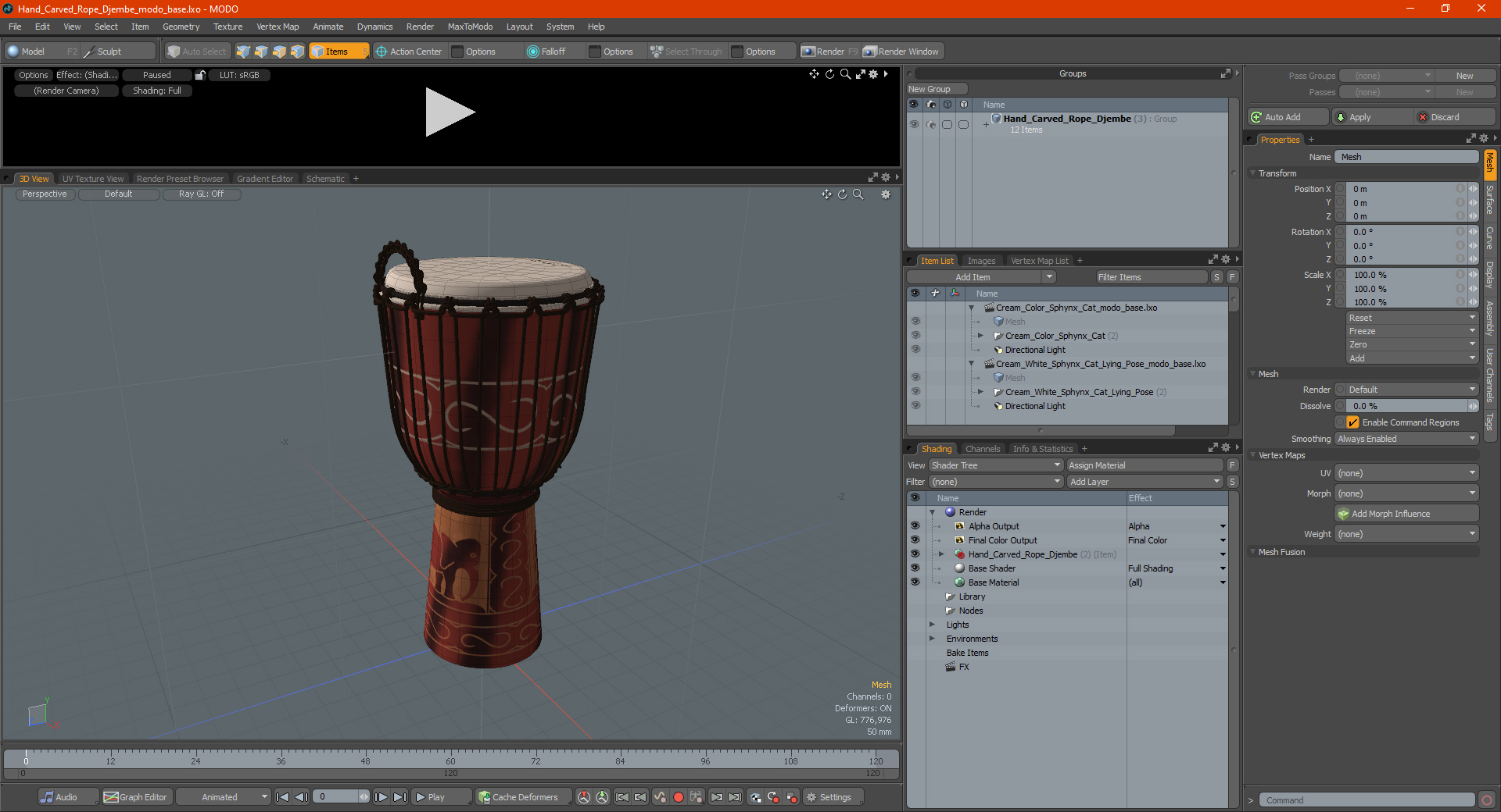 3D Hand Carved Rope Djembe model