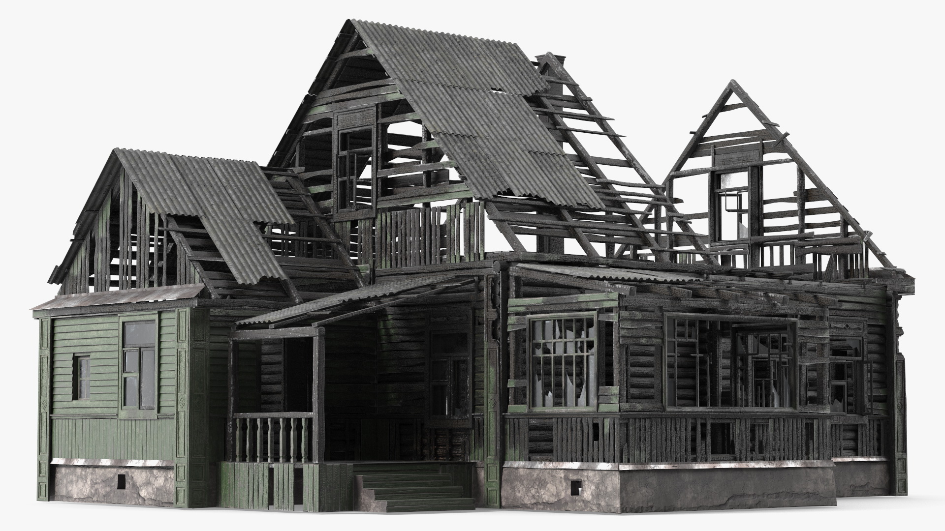 Burnt Wooden Down House Green 3D model