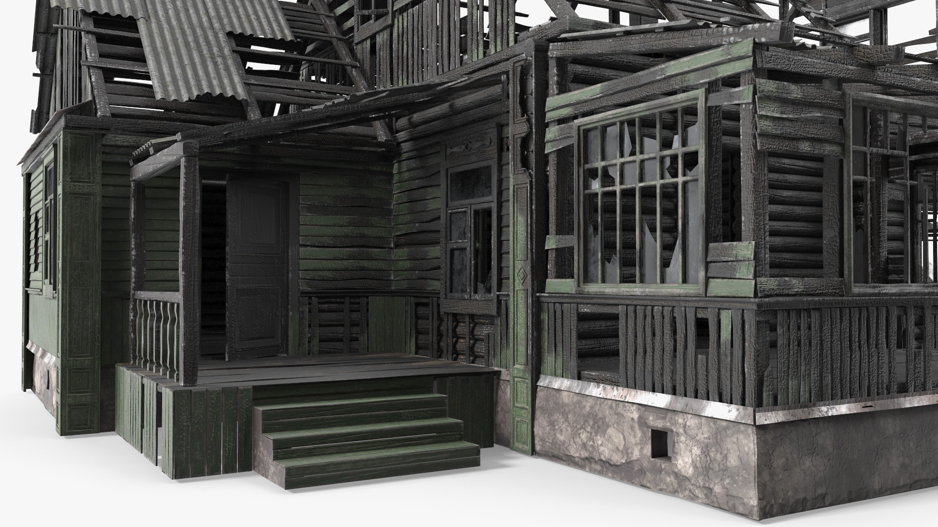 Burnt Wooden Down House Green 3D model