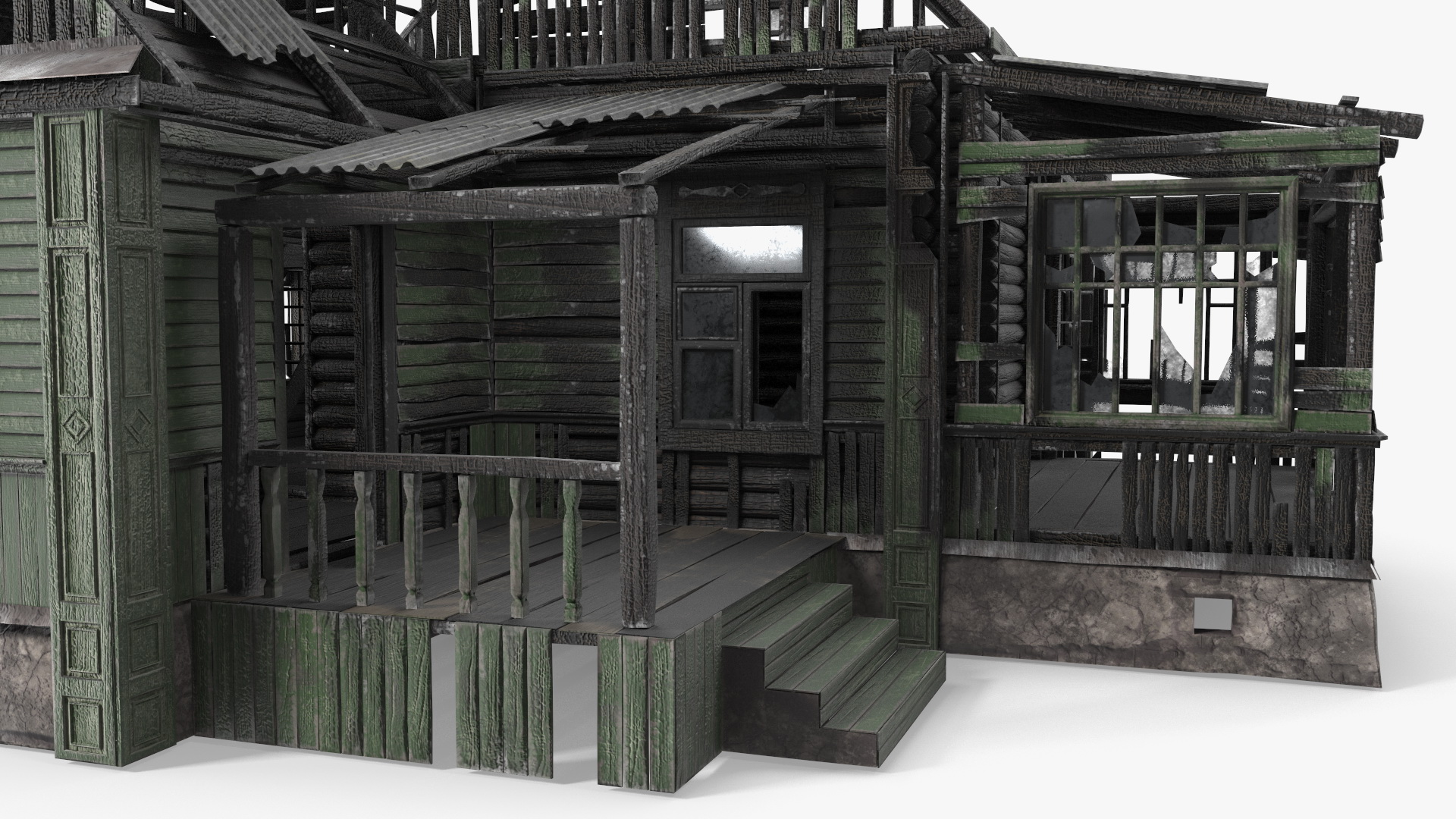 Burnt Wooden Down House Green 3D model