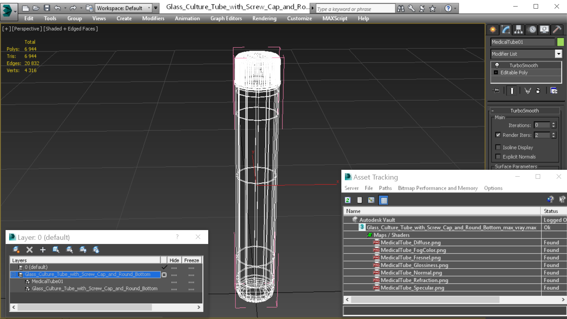 3D model Glass Culture Tube with Screw Cap and Round Bottom