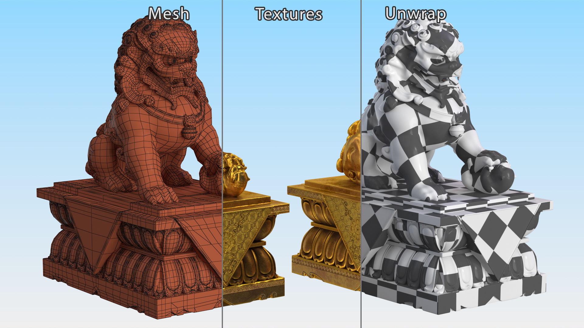 3D Chinese Guardian Lion Golden Sculpture model