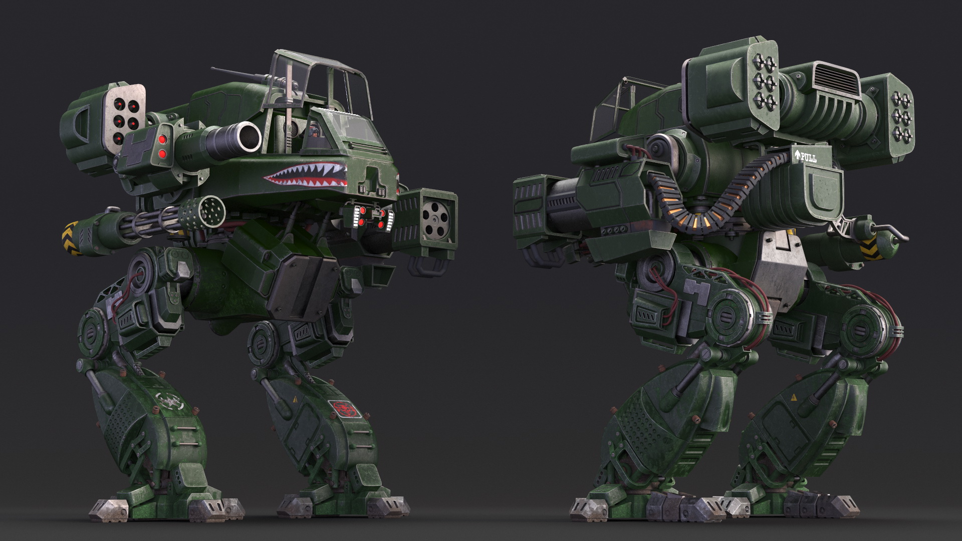 Worn Walking Combat Dark Green Robot with Pilot Rigged 3D model