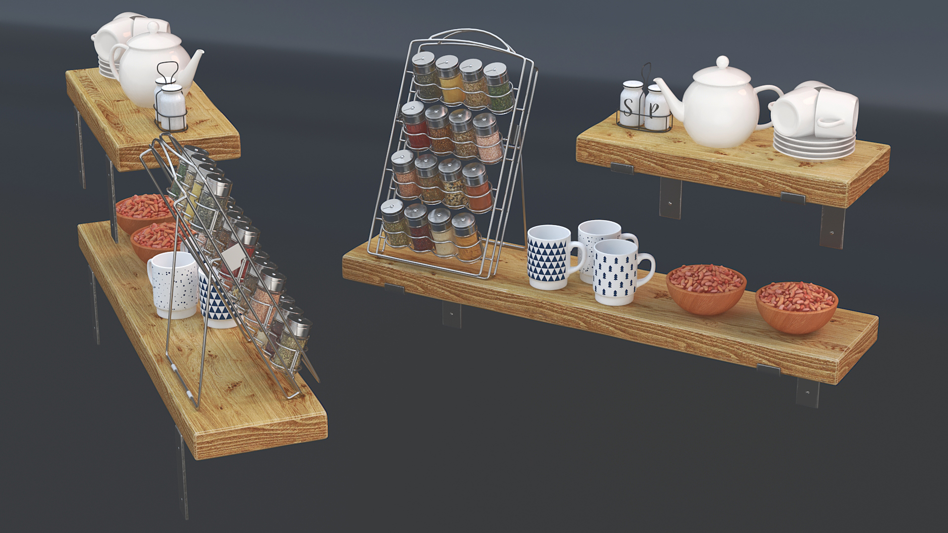 3D model Kitchen Shelf with Spice Rack and Kitchenware