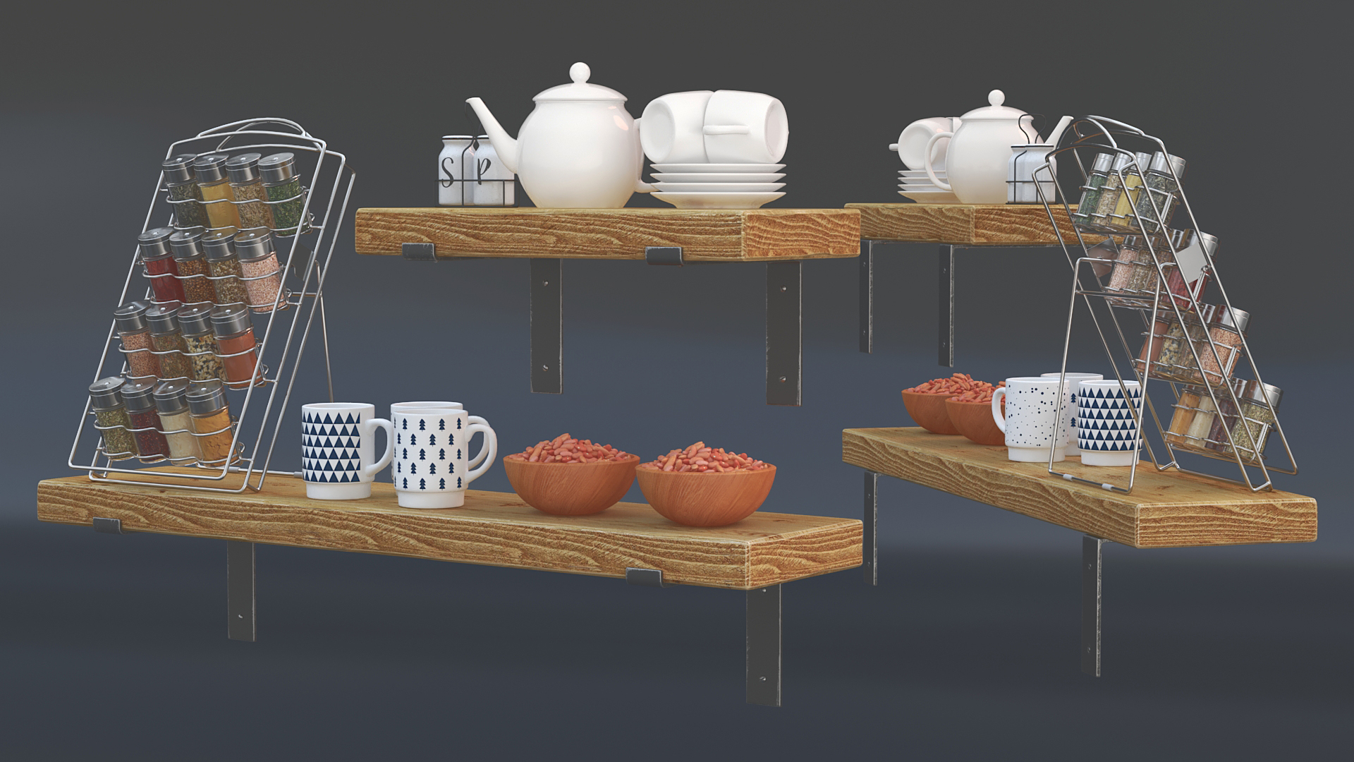 3D model Kitchen Shelf with Spice Rack and Kitchenware