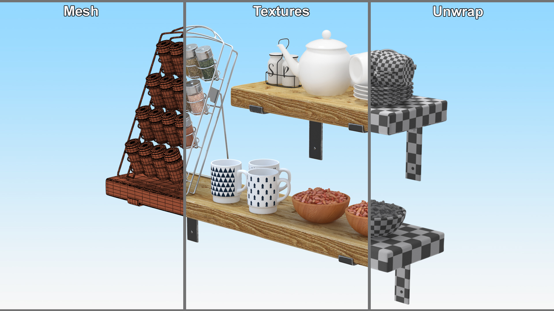 3D model Kitchen Shelf with Spice Rack and Kitchenware