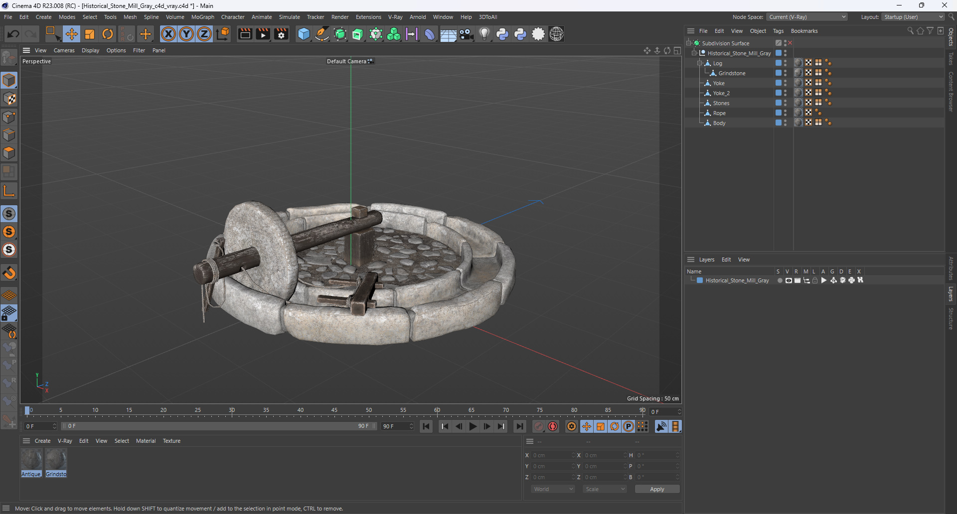 3D Historical Stone Mill Gray